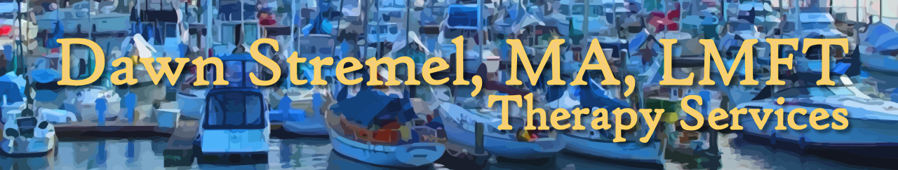 Photo of boats at dock with text Dawn Stremel, MA, LMFT Therapy Services.